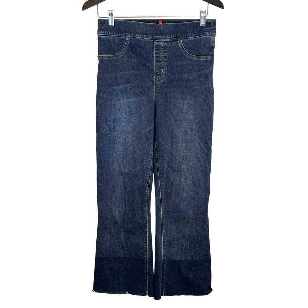 Spanx Flare Jeans Dark Wash High Rise Pull On Raw Released Hem Womens‎ Medium